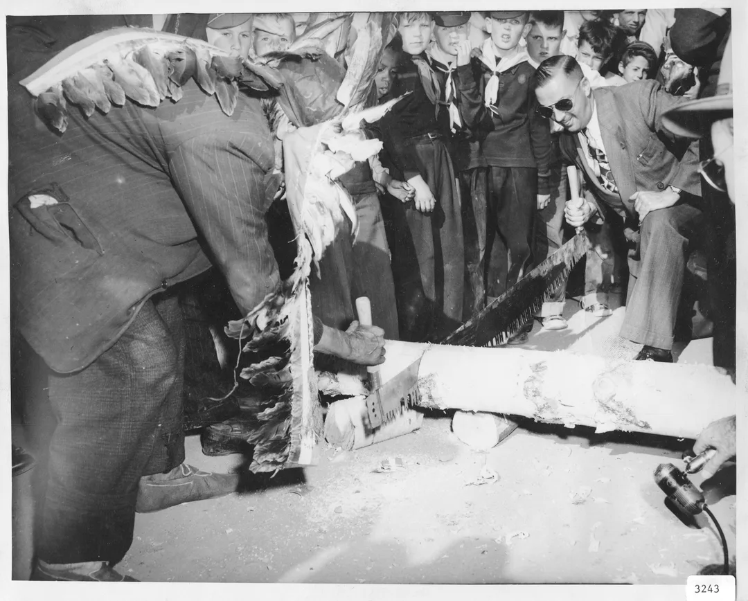 Black and white photo of two men sawing a large log in half. One man is Cree and is wearing a traditional head dress. The other man is Caucasian and is wearing a suit and sunglasses. There is a group of boy scouts in the background looking on.