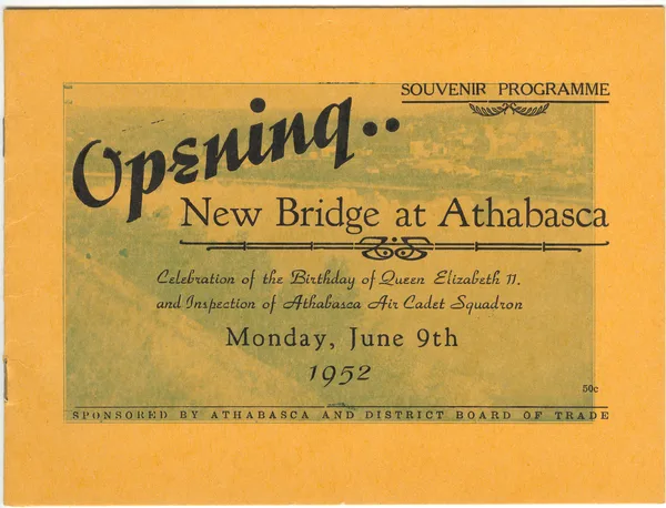 cover of a souvenir program printed on yellow cover stock with a green halftone image of a small town in the background and the text: Souvenir Progrma: Opening . . . New Bridge at Athabasca